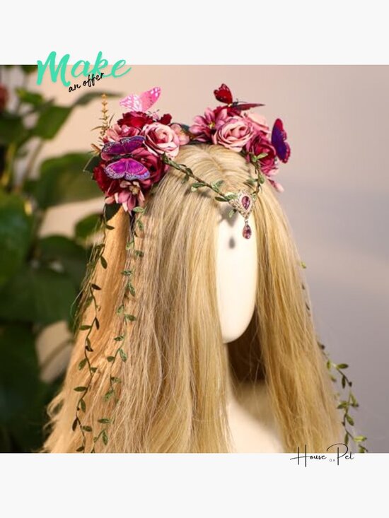 Fairy Flower Crown - Elf Woodland Headpiece Floral Vine Headband with Butterfly